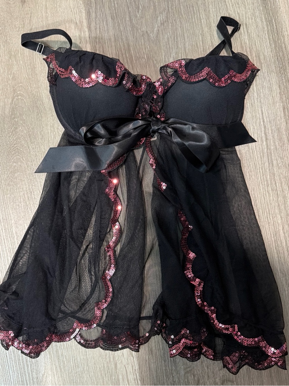 Victoria’s Secret Sexy Little Things Black Mesh Babydoll Pink Sequin Trim 34D - Picture 2 of 5